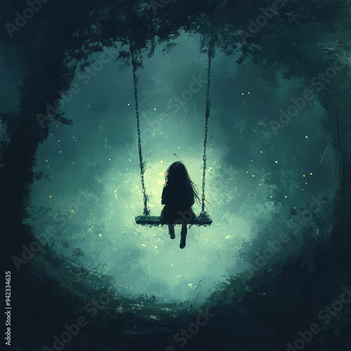 A girl is sitting on a swing in a dark forest. Scene is sad and lonely photo