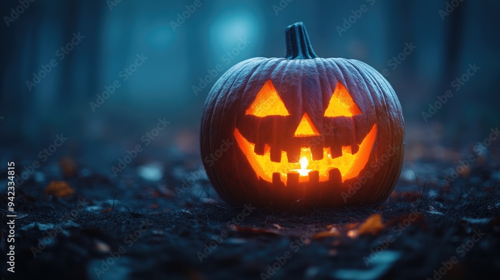 A close-up of a carved jack-o'-lantern with a candle flickering inside, set against a dark background, perfect for Halloween-themed content with space for messaging. A close-up of a carved jack-o'-lantern with a candle flickering inside, set against a dark background, perfect for Halloween-themed content with space for messaging.