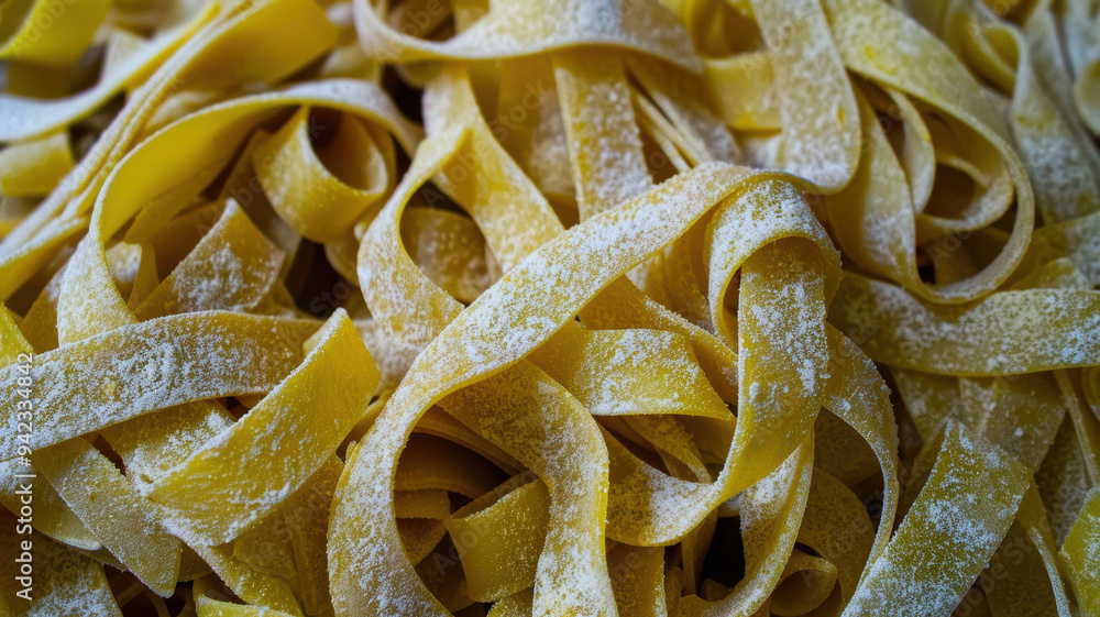 A close up of yellow pasta with a white powder sprinkled on top. The pasta is long and thin, and the powder is evenly distributed across the surface. Concept of warmth and comfort A close up of yellow pasta with a white powder sprinkled on top. The pasta is long and thin, and the powder is evenly distributed across the surface. Concept of warmth and comfort