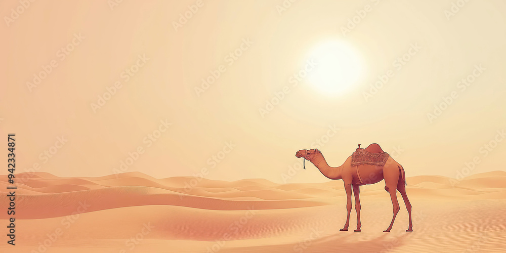Solitary Camel in Vast Desert Under Blazing Sun Solitary Camel in Vast Desert Under Blazing Sun