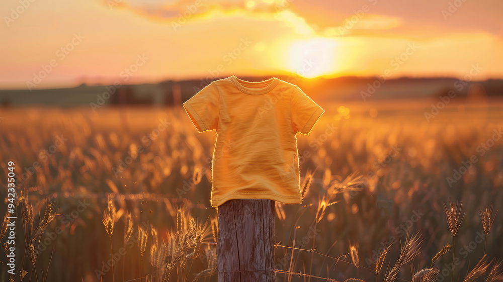 Fototapeta premium A yellow shirt is on a wooden post in a field. The sun is setting in the background, creating a warm and peaceful atmosphere