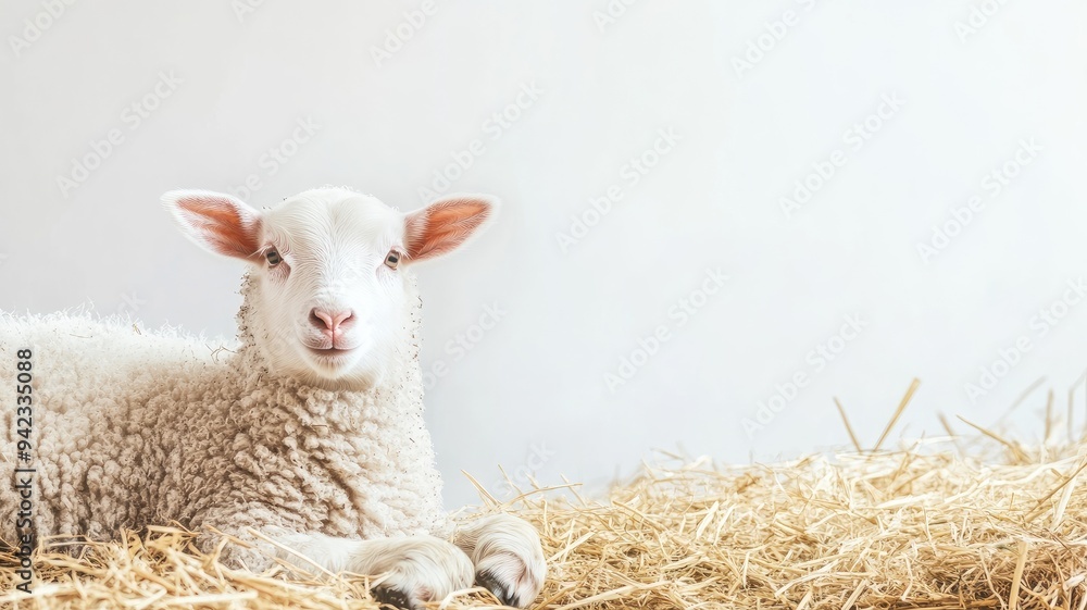 White sheep resting on straw, looking content White sheep resting on straw, looking content