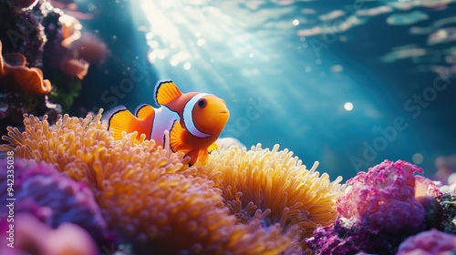 A close-up of a clownfish nestled among an anemone in a vibrant coral reef, with sunlight filtering through the water.