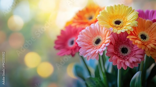 A close-up of a colorful birthday flower bouquet with a soft-focus background and copy space.