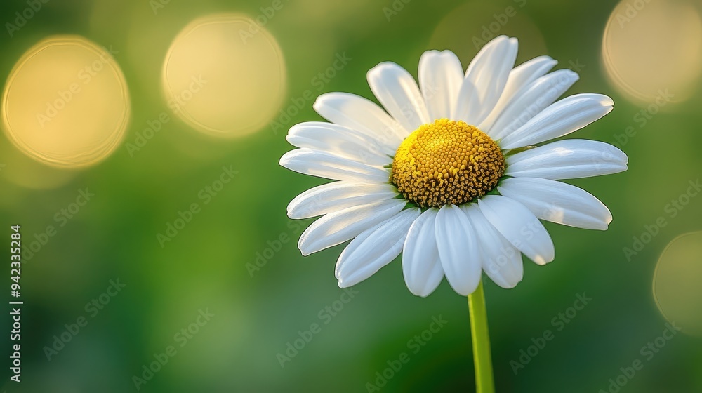 Naklejka premium A close-up of a daisy in full bloom, with its white petals and yellow center standing out against a green blurred background.