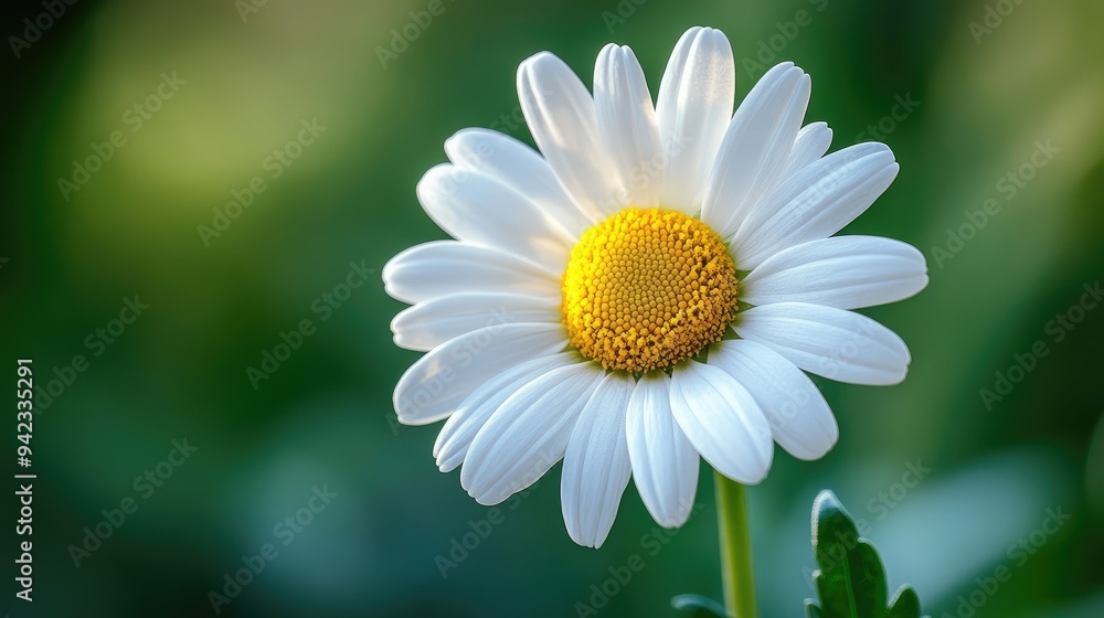 Obraz premium A close-up of a daisy in full bloom, with its white petals and yellow center standing out against a green blurred background.