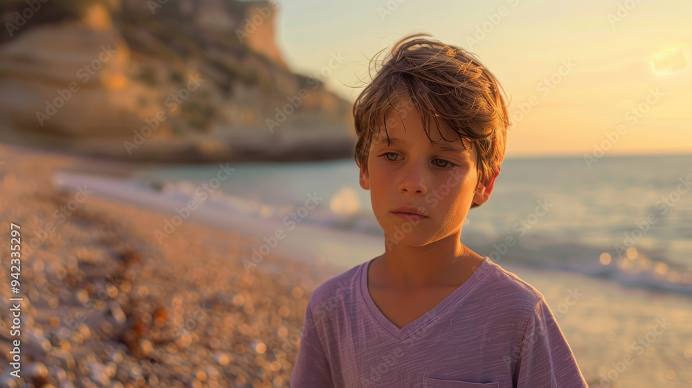 A young boy is standing on a beach, looking out at the ocean. He is lost in thought, with his head tilted to the side. The scene is peaceful and serene A young boy is standing on a beach, looking out at the ocean. He is lost in thought, with his head tilted to the side. The scene is peaceful and serene