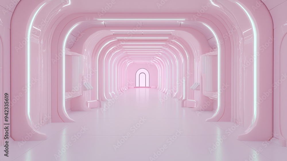 Fototapeta premium Pink Futuristic Corridor With Neon Lights