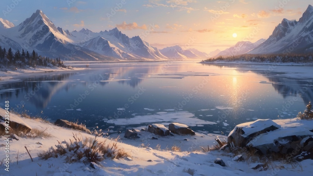 Obraz premium Painting, setting sun behind beautiful glaciers, winter