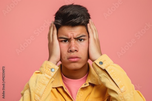 A person with hands over their ears possibly trying to block out a loud noise photo