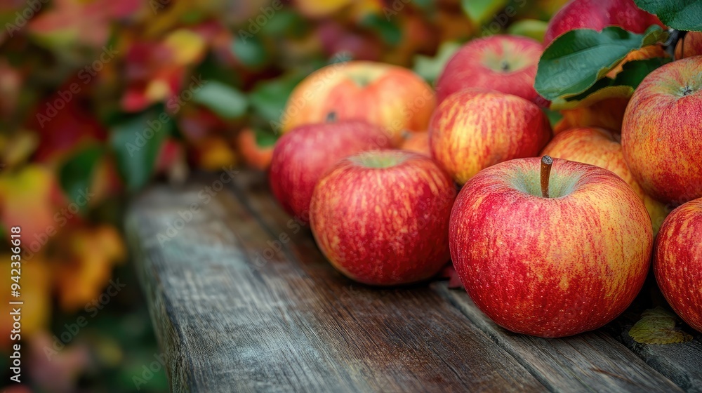 A close-up of a harvest of freshly picked apples and pumpkins, arranged on a wooden table with a backdrop of fall foliage. A close-up of a harvest of freshly picked apples and pumpkins, arranged on a wooden table with a backdrop of fall foliage.