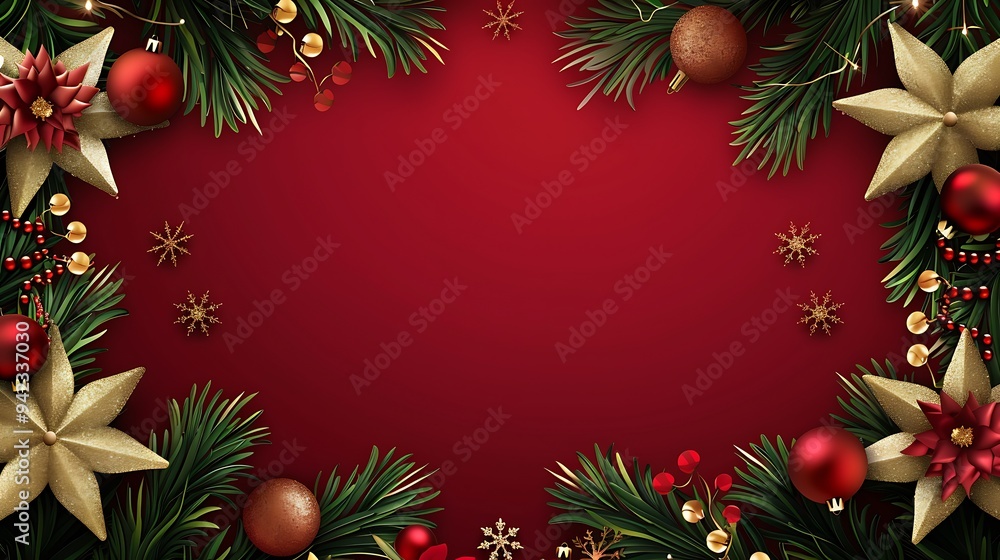 Christmas Ornament and Evergreen Border on Red Background Christmas Ornament and Evergreen Border on Red Background