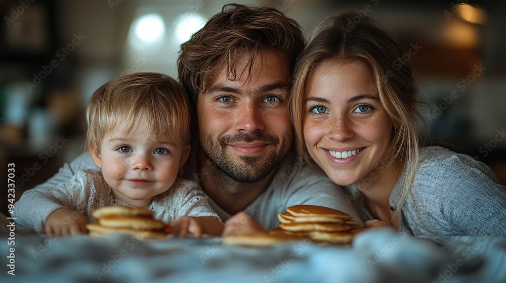 In the kitchen, a young family with two small children is eating pancakes indoors..illustration In the kitchen, a young family with two small children is eating pancakes indoors..illustration