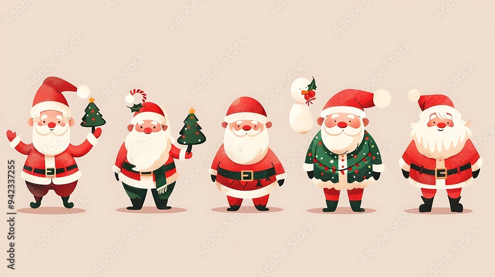 Five Cheerful Santas in Various Festive Attire Five Cheerful Santas in Various Festive Attire