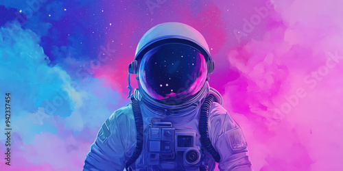 Colorful Astronaut in Space Nebula with Vibrant Clouds and Galaxy Background photo