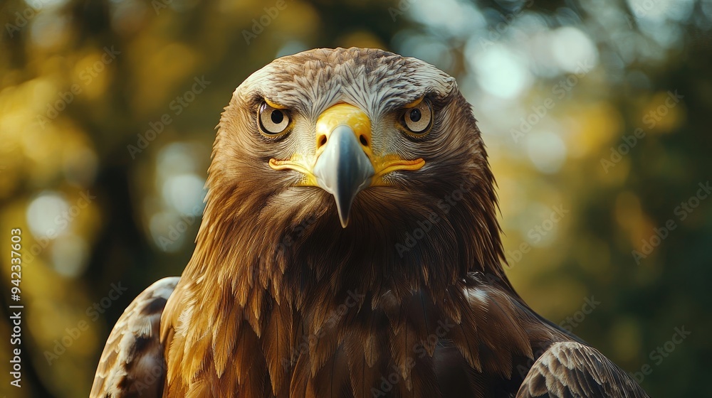 A close-up of a perched eagle, with its sharp eyes focused and feathers ruffled by the wind, ideal for themes of wildlife and precision with ample copy space. A close-up of a perched eagle, with its sharp eyes focused and feathers ruffled by the wind, ideal for themes of wildlife and precision with ample copy space.