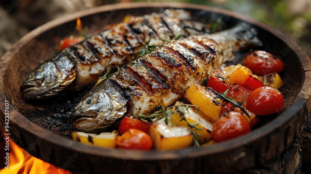 A close-up of a plate of grilled fish and vegetables, freshly cooked over a campfire and ready to be enjoyed in the great outdoors. A close-up of a plate of grilled fish and vegetables, freshly cooked over a campfire and ready to be enjoyed in the great outdoors.