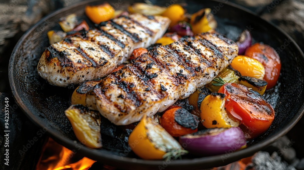 A close-up of a plate of grilled fish and vegetables, freshly cooked over a campfire and ready to be enjoyed in the great outdoors. A close-up of a plate of grilled fish and vegetables, freshly cooked over a campfire and ready to be enjoyed in the great outdoors.