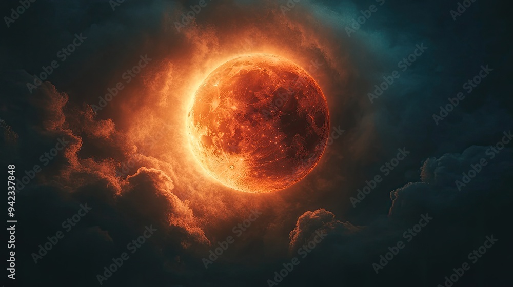 A close-up of a red moon partially covered by clouds, creating a mystical and otherworldly atmosphere with space for text. A close-up of a red moon partially covered by clouds, creating a mystical and otherworldly atmosphere with space for text.