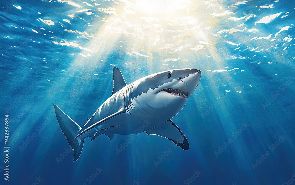 Fototapeta premium Great White Shark in Sunlit Ocean