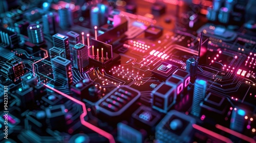 Neon-lit circuit boards creating a cityscape