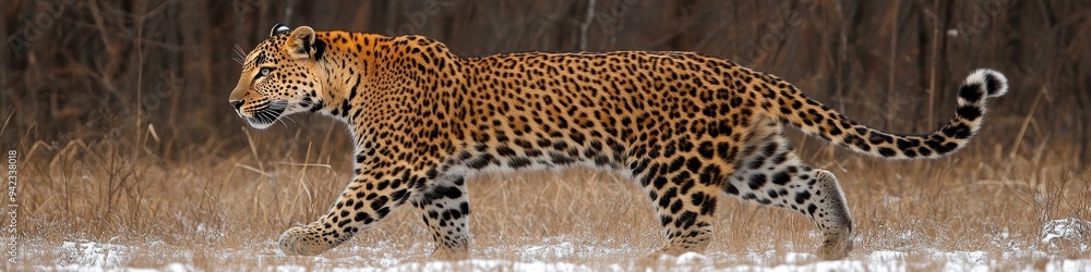 Fototapeta premium Majestic Leopard Walking Gracefully in Snowy Winter Woodland Captured in Stunning High-Resolution Wildlife Photography