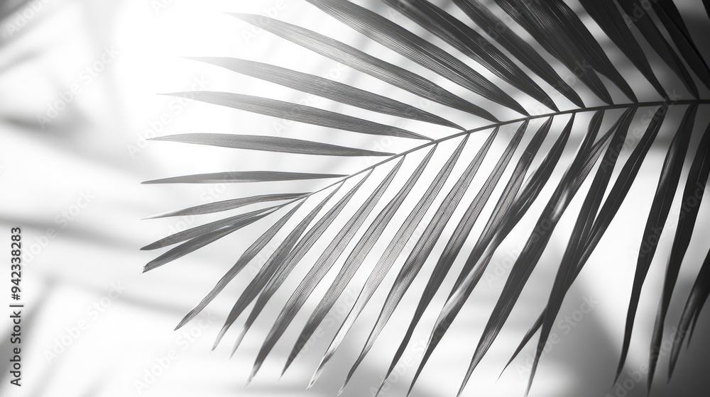Fototapeta premium A close-up of a single palm leaf with intricate details, sunlight filtering through the fronds, casting soft shadows.