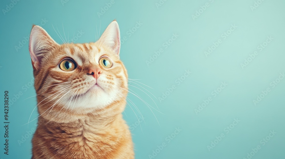 Orange tabby cat with wide eyes sitting against teal background Orange tabby cat with wide eyes sitting against teal background