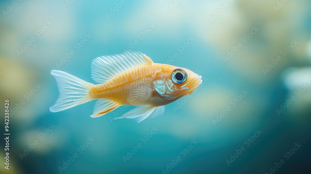 Naklejka premium A close-up of a solitary fish swimming gracefully through the water, with a blurred background, perfect for focus and clarity themes with space for text.