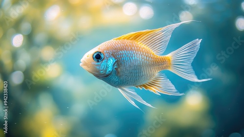 A close-up of a solitary fish swimming gracefully through the water, with a blurred background, perfect for focus and clarity themes with space for text.