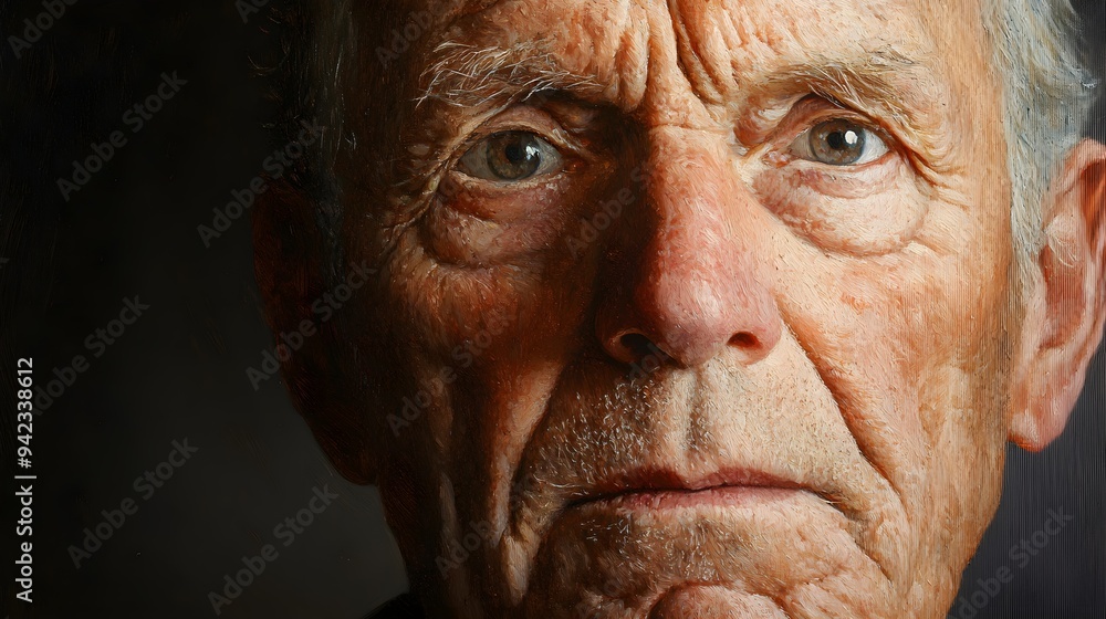 Portrait of an old man, intense focus on the details of his wrinkles, oil painting technique, heavy brushstrokes, soft lighting, and earthy tones. Portrait of an old man, intense focus on the details of his wrinkles, oil painting technique, heavy brushstrokes, soft lighting, and earthy tones.