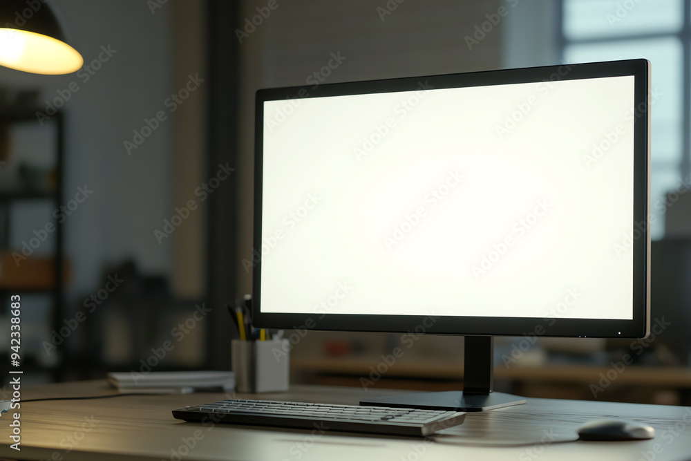A clean office desk setup with a blank computer screen, keyboard, mouse, and stationery in a modern workspace setting. A clean office desk setup with a blank computer screen, keyboard, mouse, and stationery in a modern workspace setting.