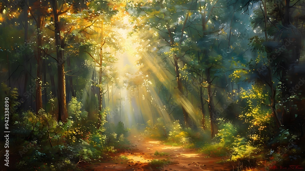 Sun-dappled mystical forest, rays of light piercing through dense foliage, portrayed with a rich, layered oil painting technique, every stroke hand-rendered Sun-dappled mystical forest, rays of light piercing through dense foliage, portrayed with a rich, layered oil painting technique, every stroke hand-rendered
