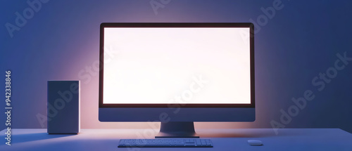 A sleek desktop computer screen illuminated in a dark room, showcasing modern technology and simplicity in a minimalist setup. photo