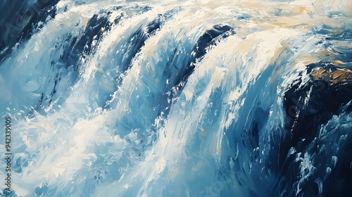 Cascading waterfall, hand-painted oil technique, rugged cliffs, bold strokes, motion captured, serene nature.