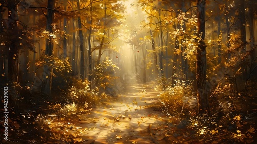 Mystical woodland bathed in golden light, shadows weaving through the dense forest floor, crafted with intricate oil painting techniques and hand brush details