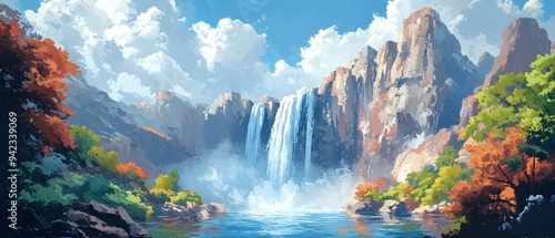 Cascading waterfall, sweeping hand brushstrokes, oil painting style, rocky cliffs, vibrant and dynamic.