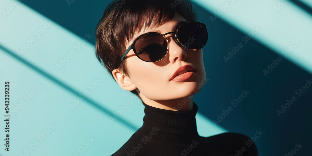 Stylish Woman with Short Hair Wearing Sunglasses Against Blue Background Stylish Woman with Short Hair Wearing Sunglasses Against Blue Background
