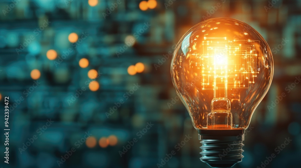 Glowing light bulb representing innovation and technology against blurred circuit background Glowing light bulb representing innovation and technology against blurred circuit background