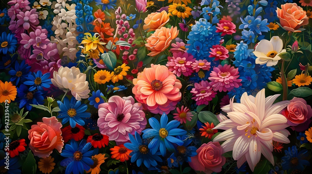 A vibrant garden of flowers in peak bloom, rendered with rich oil painting textures + fine brushwork, highlighting detailed petals and lush greenery