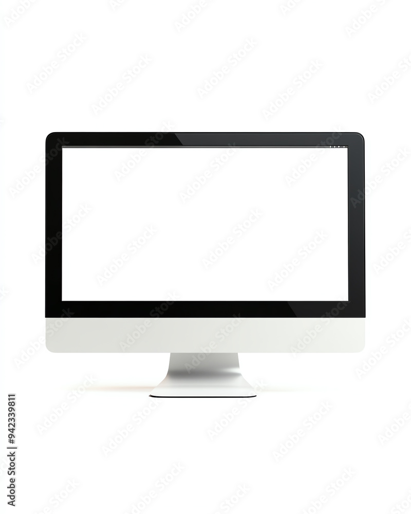 Minimalist desktop computer with a blank screen on a white background, perfect for showcasing digital content or design work. Minimalist desktop computer with a blank screen on a white background, perfect for showcasing digital content or design work.