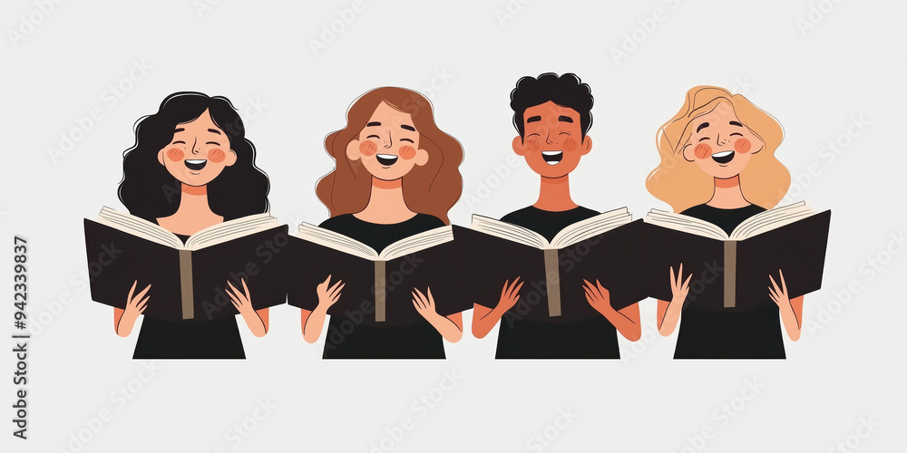 Diverse Group of Happy Young Adults Singing in Choir Holding Music Books Diverse Group of Happy Young Adults Singing in Choir Holding Music Books