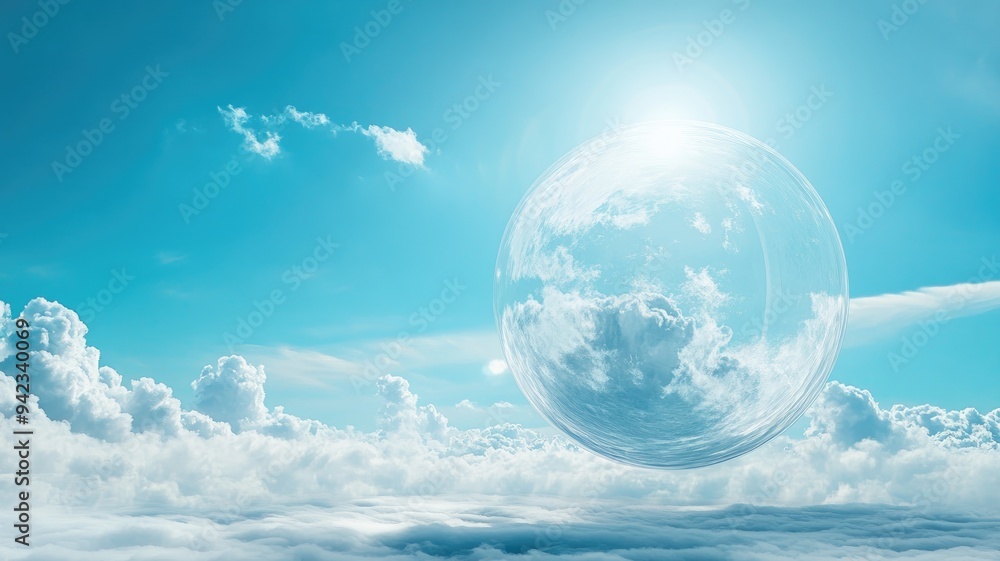 Large translucent orb floats in bright sky above fluffy clouds Large translucent orb floats in bright sky above fluffy clouds
