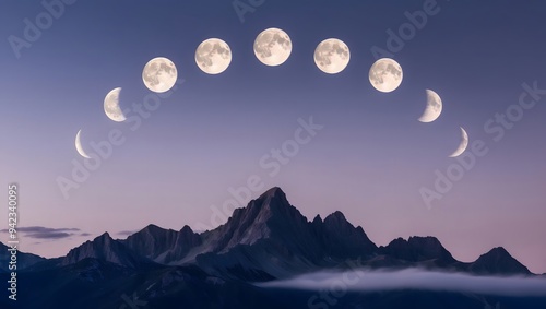 Stunning view of moon phases arching above a serene mountain landscape, capturing the beauty of nature during twilight in a tranquil setting. photo