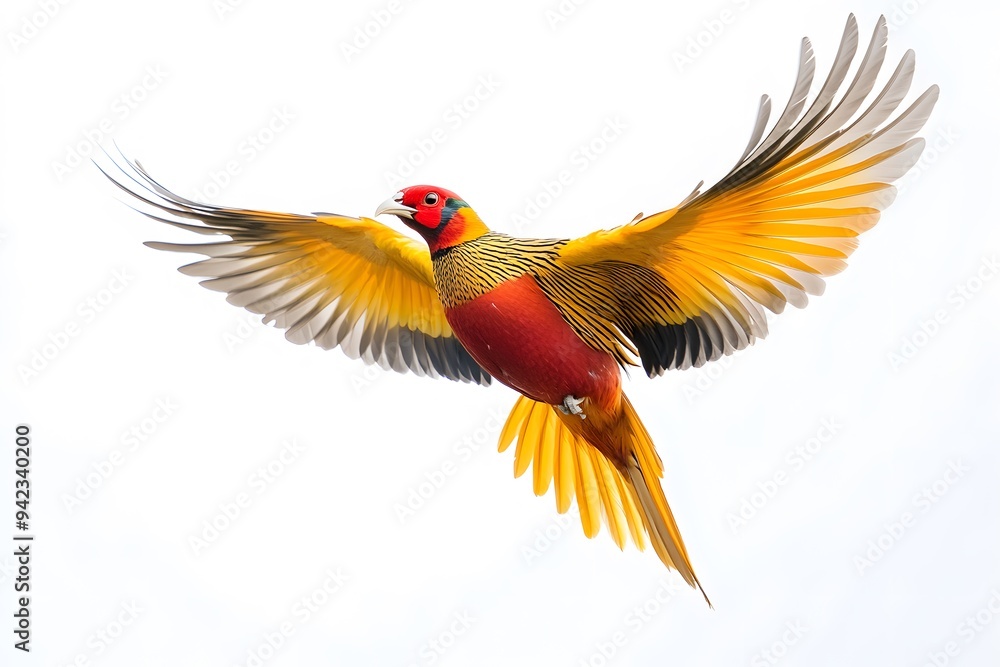 Fototapeta premium Golden Pheasant Bird Flying with White Background, Realistic Photo, Wallpaper, Cover and Screen for Smartphone, Cell Phone, Computer, Laptop, 9:16 and 16:9 Format