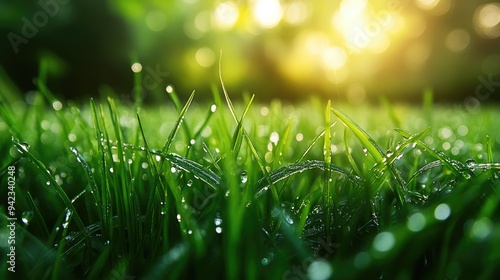 A close-up of dewy green grass blades glistening in the early morning sunlight, offering a fresh and vibrant summer scene with space for text.