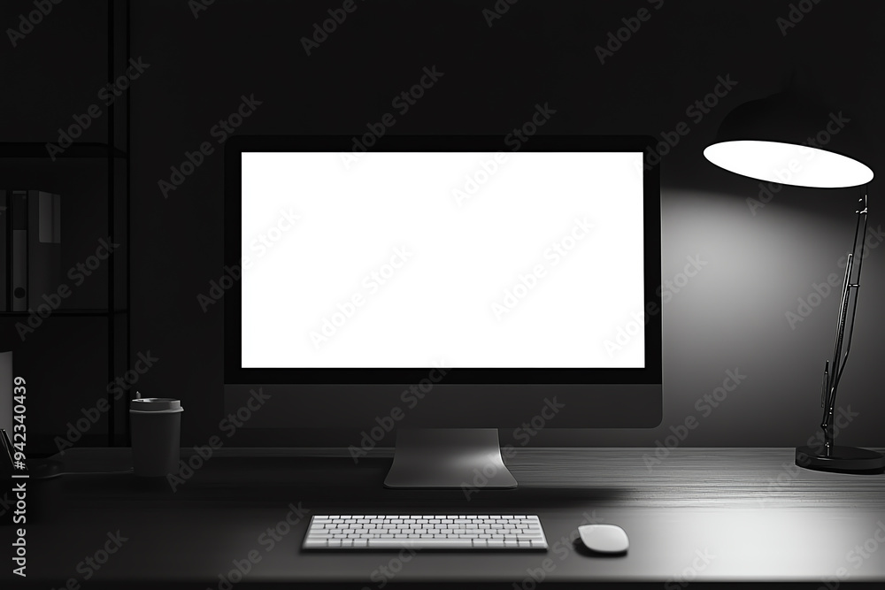 Minimalist workspace with a blank monitor, keyboard, mouse, and desk lamp in black and white. Modern office at night with sleek design. Minimalist workspace with a blank monitor, keyboard, mouse, and desk lamp in black and white. Modern office at night with sleek design.