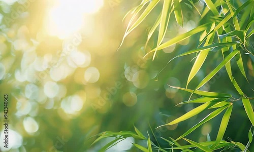 A serene close-up of bamboo leaves illuminated by soft sunlight.