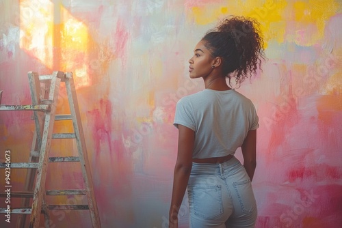 Female Decorator Working on Interior Design with Ladder in Bright, Light-Filled Room