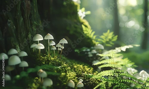 A serene forest scene featuring delicate mushrooms growing on moss.
